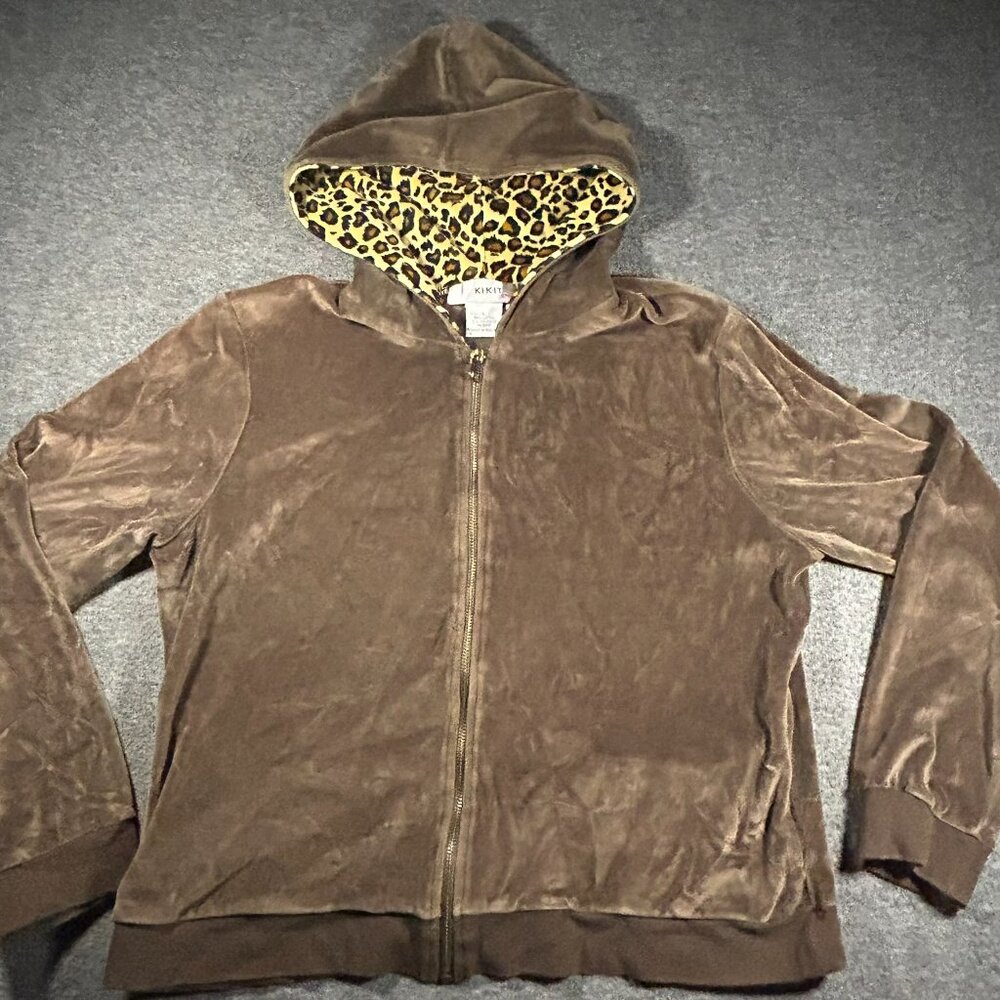 Vintage‎ KIKIT SPORT Velour Hoodie Sweater Womens L Brown Track Jacket Y2K
